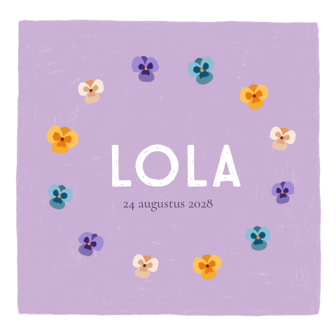 Lente geboortekaartje Lola | Vrolijke viooltjes op lila achtergrond